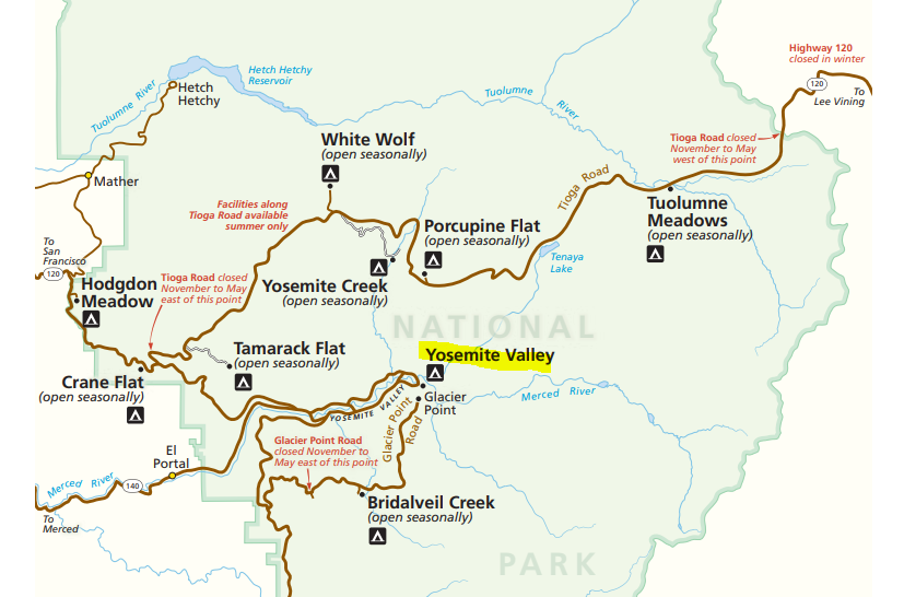 This is the general layout of yosemite provided by the NPS. The most popular area is yosemite valley, highlighted above. There are definitely really fun hikes outside of the valley, but for the first timer i think it’s the best base.