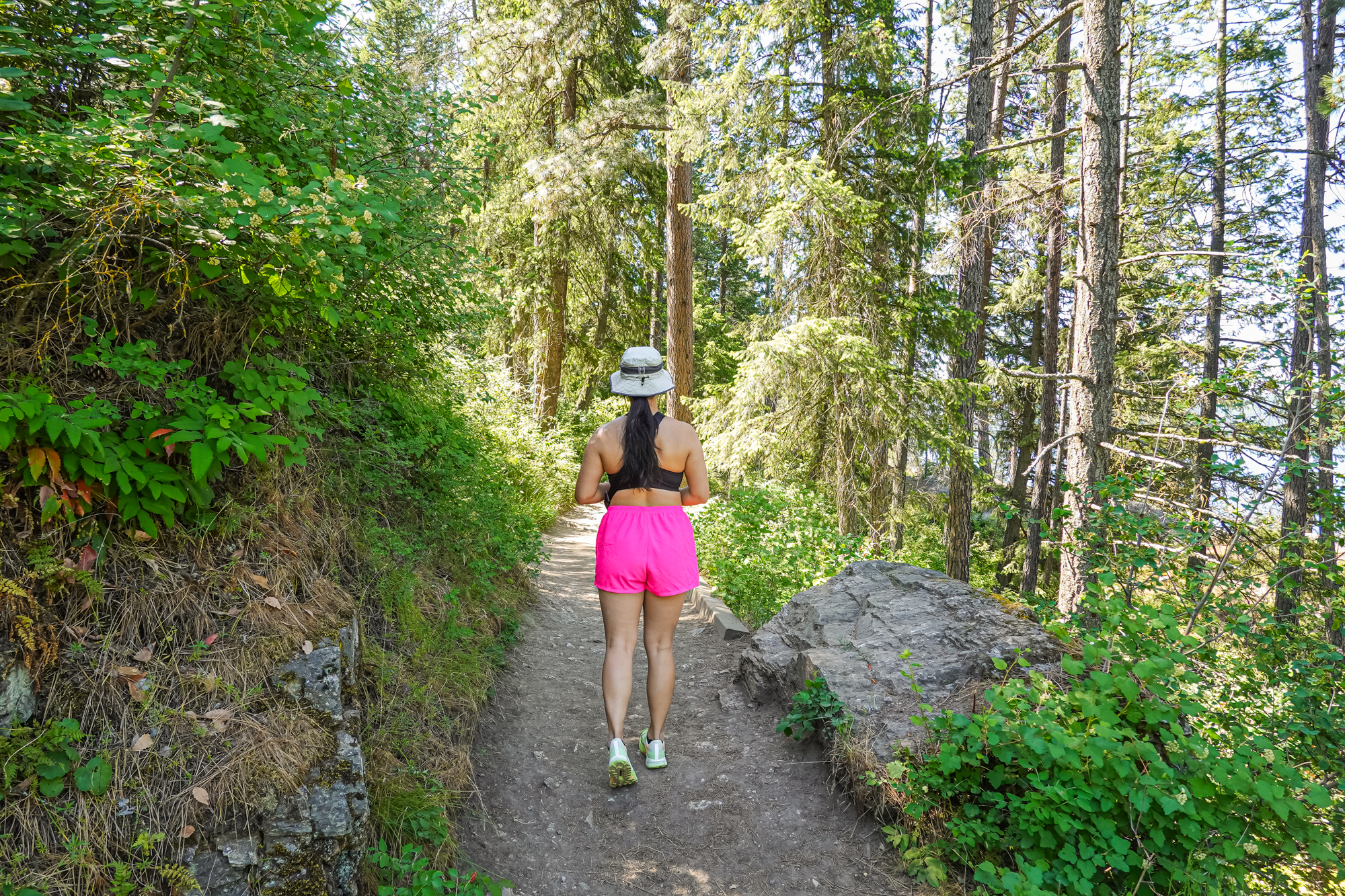 Wearing adidas Powerimpact Training Medium Support Bra and Terrex Agravic Ultra Trail Runners hiking in Coeur d'Alene